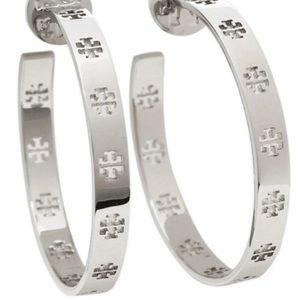 Tory Burch silver perforated logo hoops nickel free